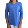 Perlavera Women's Tony  Blue Solid Cotton Spandex Three Quarter Sleeve Length V-neck T-shirt In Blue