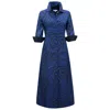 Perlavera Women's Black / Blue Claire Retro Indigo Printed Cotton, Slim, Three Quarter Maxi Dress