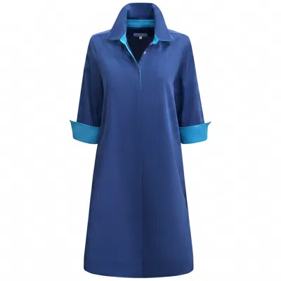 Perlavera Women's Blake Ash Blue Solid Satin Cotton Three Quarter Sleeve Length Missy Fit Midi Dress