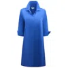 Perlavera Women's Blue Christy Midnight  Solid Cotton Satin Three Quarter Sleeve Length Gathered Back Midi Dre In Blue