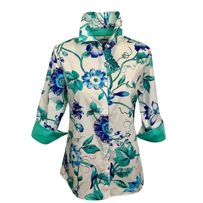 Perlavera Women's Blue Cindy Ivy Aqua Printed Three Quarter Sleeve Regular Slim Shirt