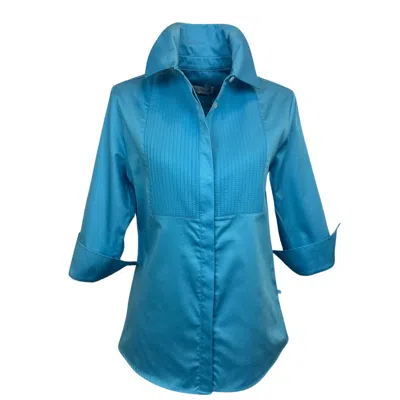 Perlavera Women's Pink / Purple / Blue Cintuck Turquoise Satin Three Quarter Sleeve Slim Fit Pintuck Shirt