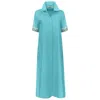Perlavera Women's Blue Conty Aqua Satin With Printed Combo Short Sleeve Length Missy Fit Maxi Dress In Blue