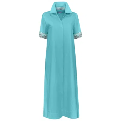Perlavera Women's Blue Conty Aqua Satin With Printed Combo Short Sleeve Length Missy Fit Maxi Dress