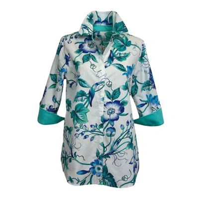 Perlavera Women's Blue Cos Ivy Aqua Printed Three Quarter Sleeve Shirt