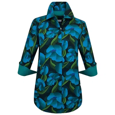 Perlavera Women's Blue Cos Peony Teal Printed Three Quarter Sleeve Shirt
