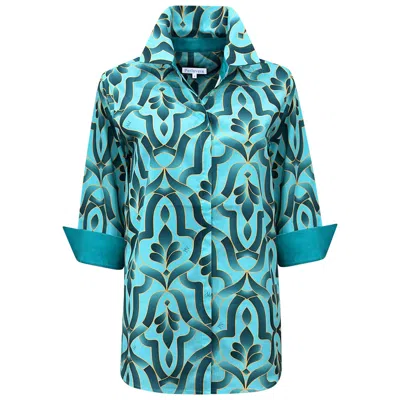 Perlavera Women's Blue Cos Tile Aqua Printed Three Quarter Sleeve Shirt