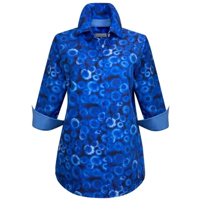 Perlavera Women's Blue Cos Watermark  Printed Three Quarter Sleeve Shirt