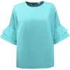 Perlavera Women's Blue Cosy Solid Aqua Cotton Flare Sleeve Top In Blue
