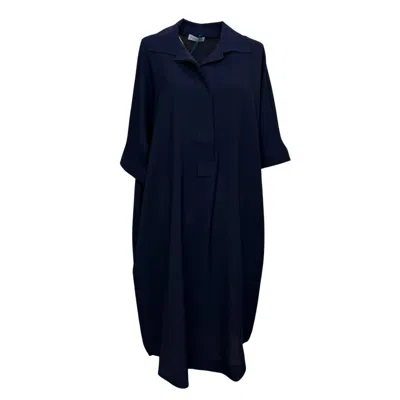 Perlavera Women's Blue Dina Navy Hidden Placket Three Quarter Sleeve Dress