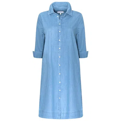 Perlavera Women's Blue Grace Light Washing Denim Three Quarter Sleeve Length Missy Fit Midi Dress