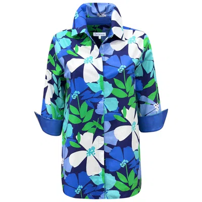 Perlavera Women's Blue / Green / White Cos Abstract Flowers Printed Three Quarter Sleeve Shirt In Multi