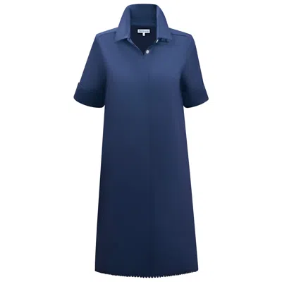 Perlavera Women's Blue Greta Navy Solid Cotton Twill Spandex Short Sleeve Length Missy Fit Midi Dress