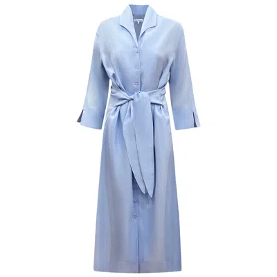 Perlavera Women's Blue Lara Azul Solid Linen Slim Fit Maxi Dress With Side Slits And Belt