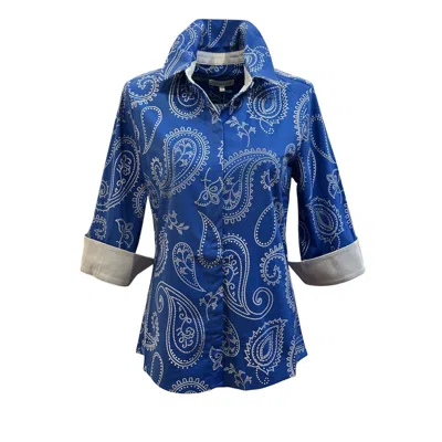 Perlavera Women's Blue Nova Paisley Silver  Three Quarter Sleeve Length Slim Fit Shirt