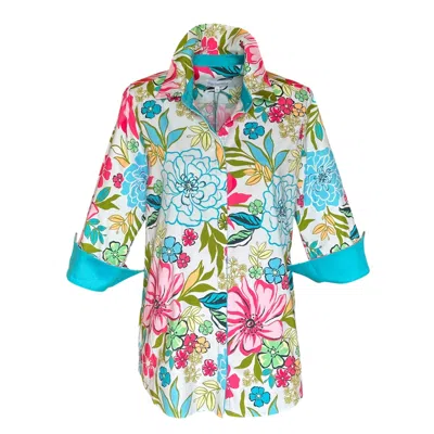 Perlavera Women's Blue / Pink Nancy Aloha  Three Quarter Sleeve Length Missy Fit Shirt In Multi