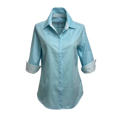 Perlavera Women's Blue Sam Turquoise Solid Hidden Placket Three Quarter Sleeve Slim Fit Cotton Oxford Shirt