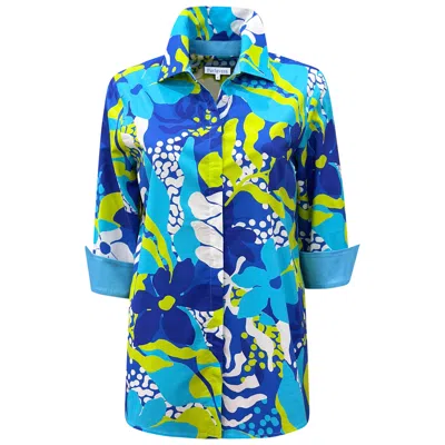 Perlavera Women's Blue / White / Green Nancy See Flower Aqua Three Quarter Sleeve Length Missy Fit Shirt In Multi