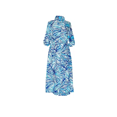 Perlavera Women's Blue / White Leila Sentry Cerulean Linen Blend Three Quarter Sleeve Length Flared Bottom Max