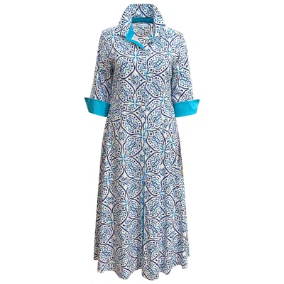 Perlavera Women's Blue / White Neila Capri Tile Printed Three Quarter Sleeve Flared Bottom Maxi Dress In Animal Print