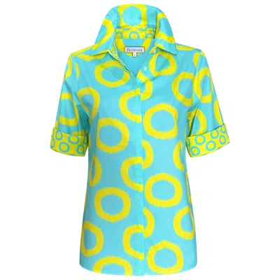 Perlavera Women's Blue / Yellow Cinderella Printed Cotton Short Sleeve Length Slim Fit Shirt In Green