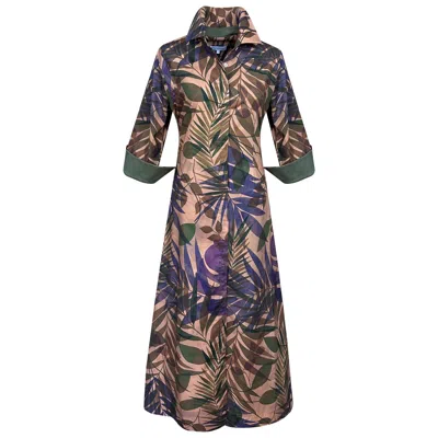 Perlavera Women's Brown / Green Nash Palm Sepia  Quarter Sleeve Length Slim Fit Maxi Dress With Side Slits And In Brown/green