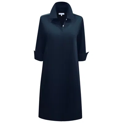 Perlavera Women's Christy Black Solid Cotton Satin Three Quarter Sleeve Length Gathered Back Midi Dress In Blue