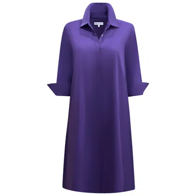Perlavera Women's Christy Purple Solid Cotton Satin Three Quarter Sleeve Length Gathered Back Midi Dress