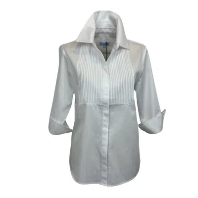 Perlavera Women's Cintuck White Satin Three Quarter Sleeve Slim Fit Pintuck Shirt