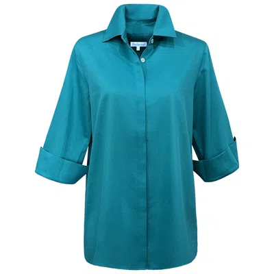 Perlavera Women's Green Cely Petrol Solid Cotton Satin Three Quarter Sleeve Length Missy Fit Shirt