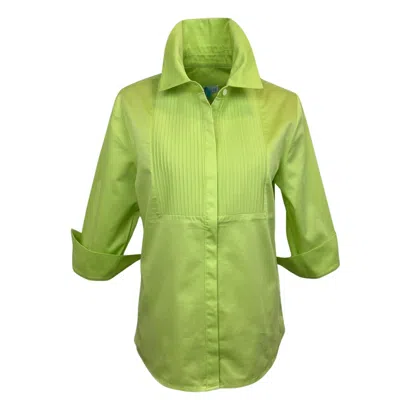 Perlavera Women's Green Cintuck Lime Satin Three Quarter Sleeve Slim Fit Pintuck Shirt