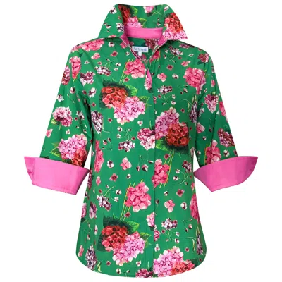 Perlavera Women's Green / Pink / Purple Cindy  Hydrangea Green Printed Three Quarter Sleeve Regular Slim Shirt In Multi