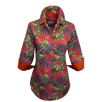 Perlavera Women's Green / Yellow / Orange Cindy Felicia Printed Three Quarter Sleeve Regular Slim Shirt In Green/yellow/orange
