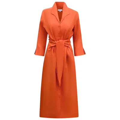 Perlavera Women's Lara Orange Solid Linen Slim Fit Maxi Dress With Side Slits And Belt