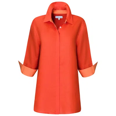 Perlavera Women's Lily Orange Linen Three Quarter Sleeve Length Missy Fit Shirt In Red