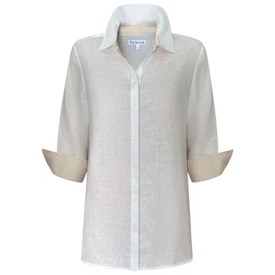 Perlavera Women's Lily White Linen Three Quarter Sleeve Length Missy Fit Shirt