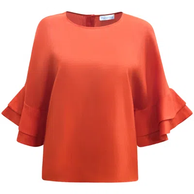 Perlavera Women's Lolan Orange Solid Linen Flare Sleeve Top