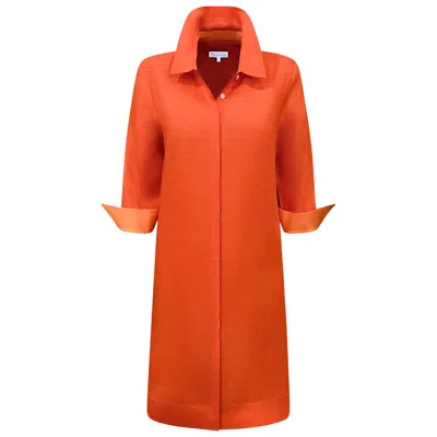 Perlavera Women's Lorry Orange Linen Three Quarter Sleeve Length Missy Fit Midi Dress