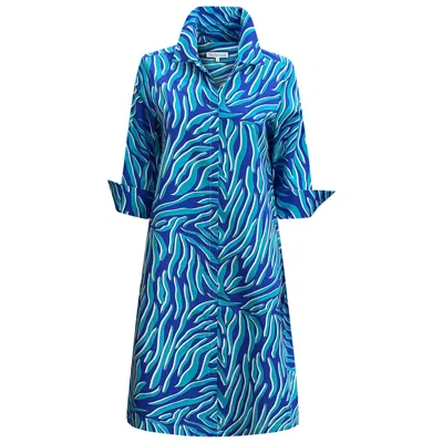 Perlavera Women's Misty Zebra Tranquil Blue  Three Quarter Sleeve Length Gathered Back Midi Dress In Multi