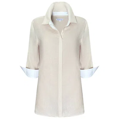 Perlavera Women's Neutrals Lily Beige Linen Three Quarter Sleeve Length Missy Fit Shirt