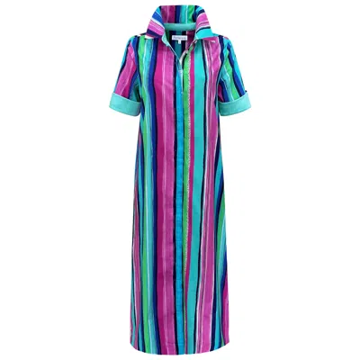 Perlavera Women's Nona Multicolor Stripe Printed Cotton Short Sleeve Length Missy Fit Maxi Dress