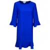 Perlavera Women's Petek Night Blue Solid, Regular, Three Quarter, Mini, Ruffle Dress In Blue