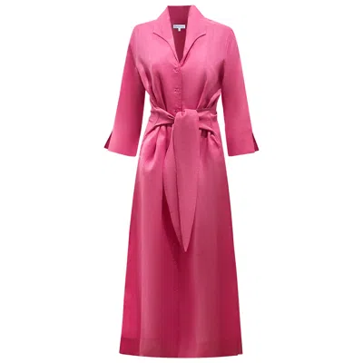 Perlavera Women's Pink Lara Carmina Rose Solid Linen Slim Fit Maxi Dress With Side Slits And Belt