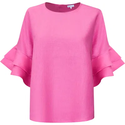 Perlavera Women's Pink Lolan Carmina Rose Solid Linen Flare Sleeve Top