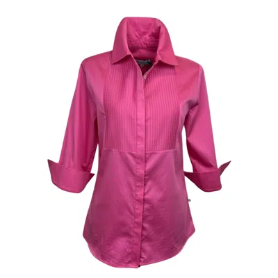 Perlavera Women's Blue Cintuck Navy Satin Three Quarter Sleeve Slim Fit Pintuck Shirt In Pink/purple