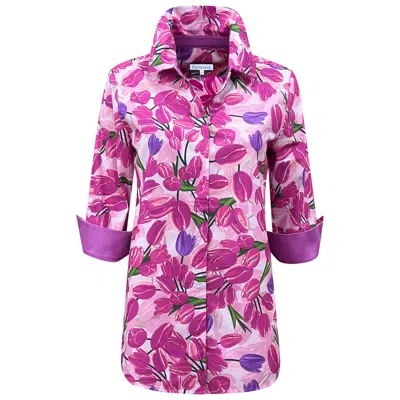 Perlavera Women's Pink / Purple / White Cos Tulip Magenta Printed Three Quarter Sleeve Shirt