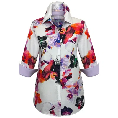 Perlavera Women's Pink / Purple / Yellow Cos Orchid Printed Three Quarter Sleeve Shirt In Pink/purple/yellow