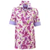 Perlavera Women's Purple Cecil  Violet  Flower  Printed Satin Short Sleeve Length Missy Fit Shirt