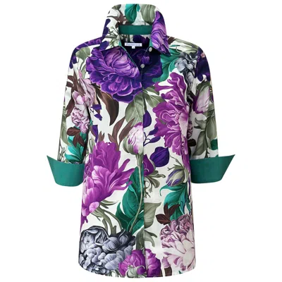 Perlavera Women's Purple / White / Green Cos Fusion Plum Printed Three Quarter Sleeve Shirt