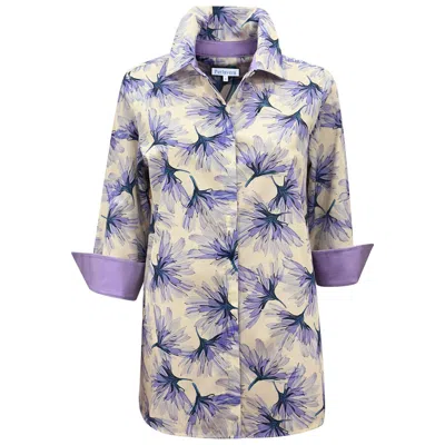 Perlavera Women's Purple / White Nancy Allium Flower Heather Three Quarter Sleeve Length Missy Fit Shirt In Multi